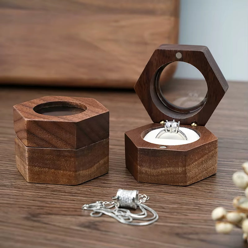 Custom Logo Luxury Gift Packaging Earring Cufflink Jewelry Storage Hexagon Wooden Ring Box