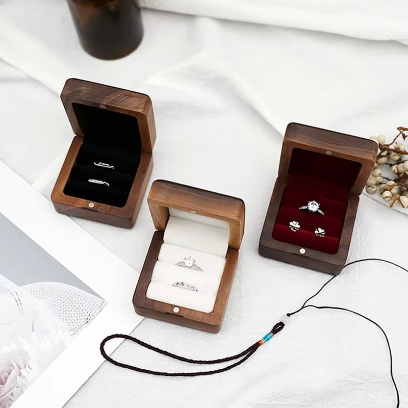 Custom Logo Square Vintage Double Slots Proposal Engagement Wedding Walnut Wooden Ring Case