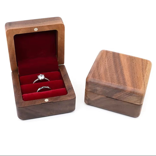 Custom Logo Square Vintage Double Slots Proposal Engagement Wedding Walnut Wooden Ring Case