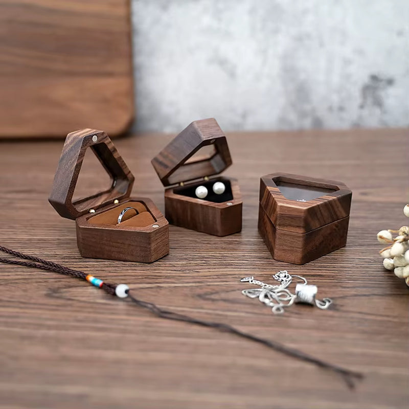 Custom Luxury Walnut Triangle Velvet Small Earring Cufflink Jewelry Storage Wooden Ring Box