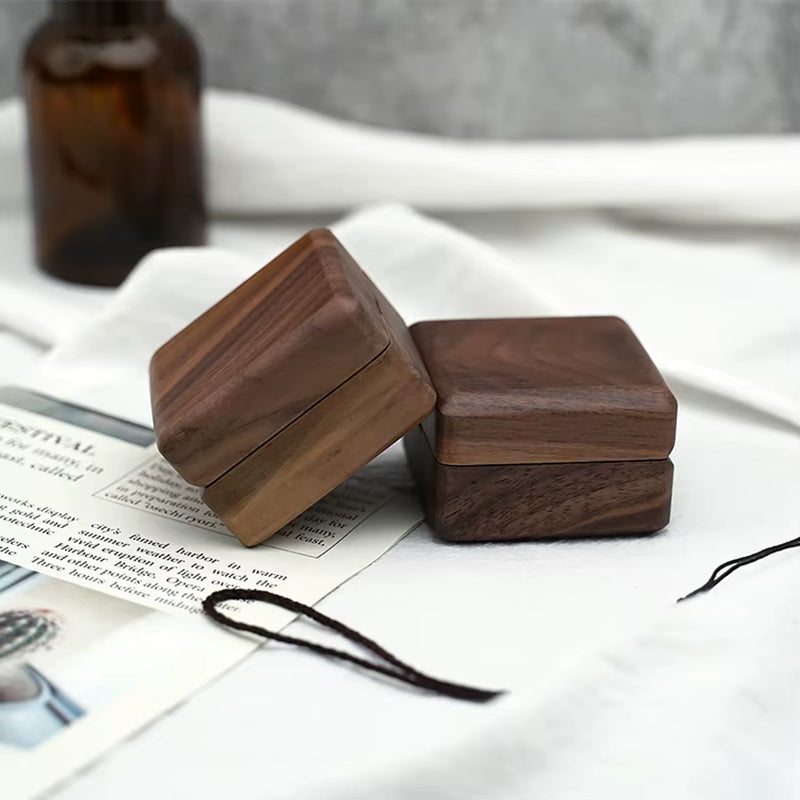 Custom Logo Square Vintage Double Slots Proposal Engagement Wedding Walnut Wooden Ring Case