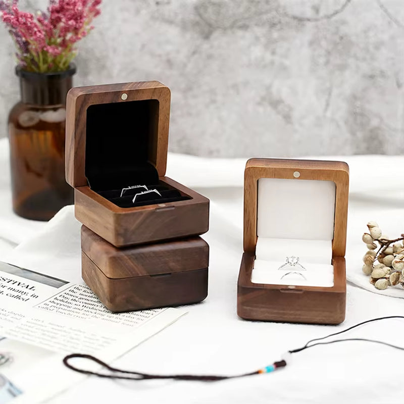 Custom Logo Square Vintage Double Slots Proposal Engagement Wedding Walnut Wooden Ring Case