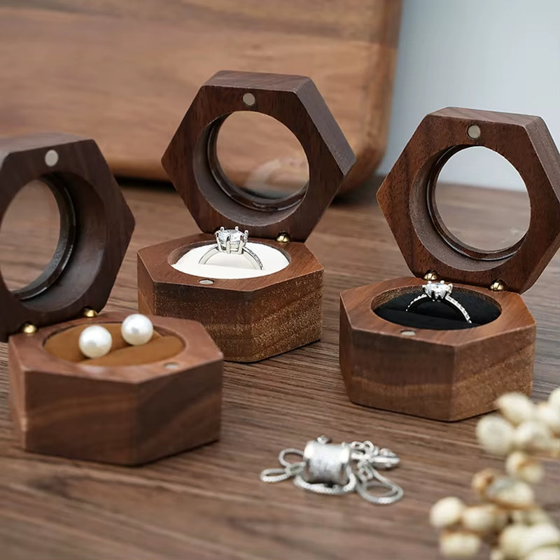 Custom Logo Luxury Gift Packaging Earring Cufflink Jewelry Storage Hexagon Wooden Ring Box