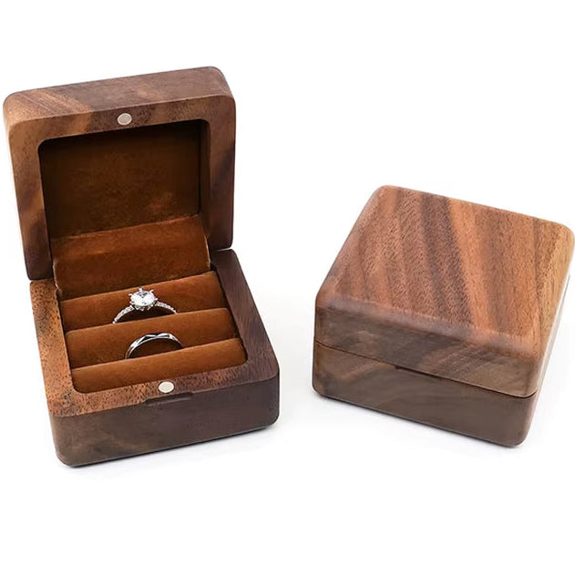Custom Logo Square Vintage Double Slots Proposal Engagement Wedding Walnut Wooden Ring Case