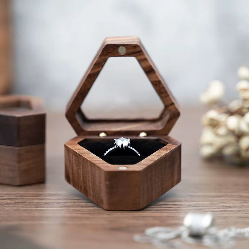 Custom Luxury Walnut Triangle Velvet Small Earring Cufflink Jewelry Storage Wooden Ring Box