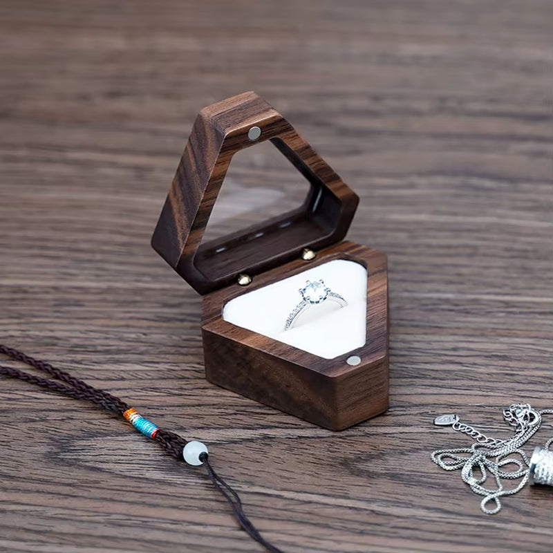 Custom Luxury Walnut Triangle Velvet Small Earring Cufflink Jewelry Storage Wooden Ring Box