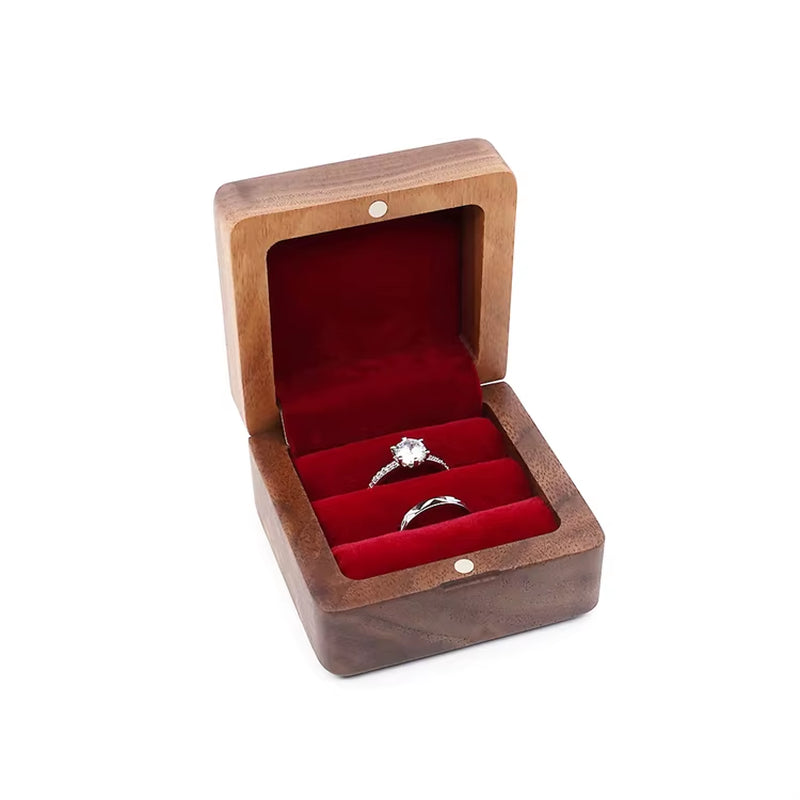 Custom Logo Square Vintage Double Slots Proposal Engagement Wedding Walnut Wooden Ring Case