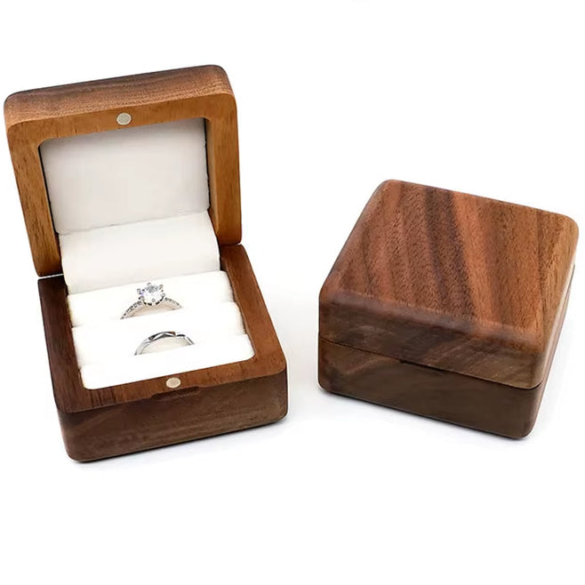 Custom Logo Square Vintage Double Slots Proposal Engagement Wedding Walnut Wooden Ring Case