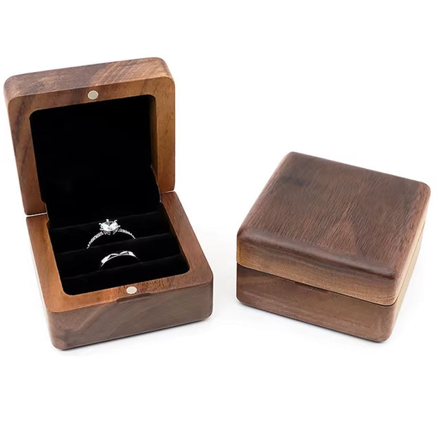 Custom Logo Square Vintage Double Slots Proposal Engagement Wedding Walnut Wooden Ring Case