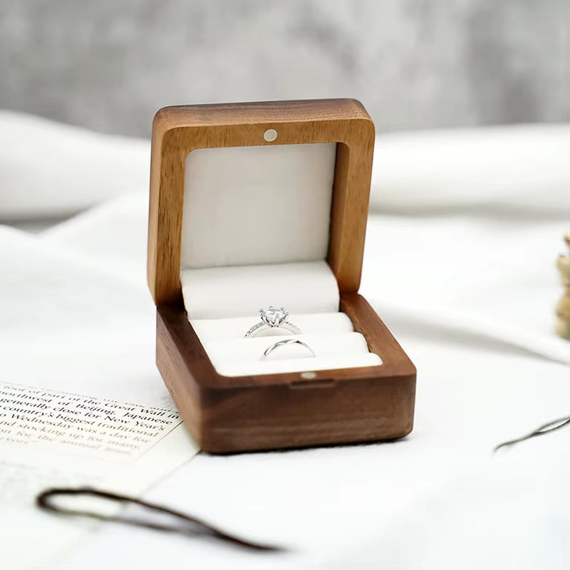 Custom Logo Square Vintage Double Slots Proposal Engagement Wedding Walnut Wooden Ring Case