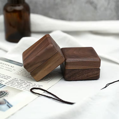 Custom Logo Square Vintage Double Slots Proposal Engagement Wedding Walnut Wooden Ring Case