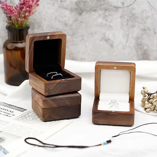 Custom Logo Square Vintage Double Slots Proposal Engagement Wedding Walnut Wooden Ring Case