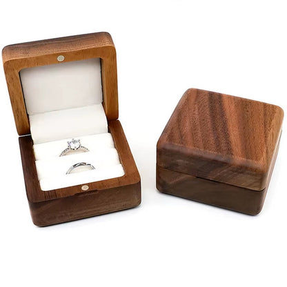 Custom Logo Square Vintage Double Slots Proposal Engagement Wedding Walnut Wooden Ring Case